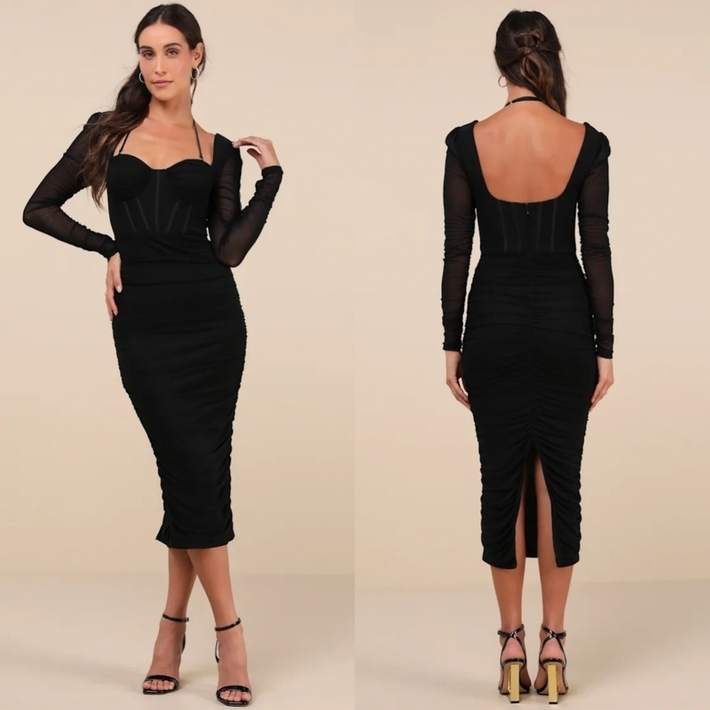 Lulus Dramatic Demure Black Mesh Halter Bustier Midi Dress M Wedding Party